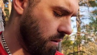 Bearded straight bro jerking off in the woods with his buddy.