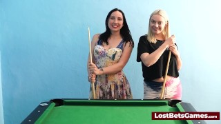 A busty couple playing strip billiards, which turns naughty quick