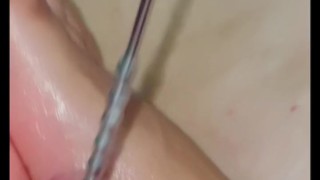 Fucking besties cock with sounding rod until he cums.