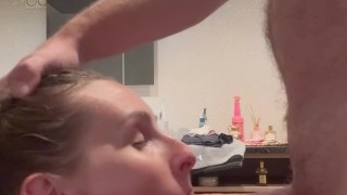 I suck his cock before his shower and he cums on my small tits