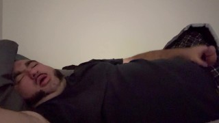 Chubby guy masturbates to orgasm and cum in bed