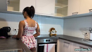 Hot Brunette Bored Wife in a Mini Modified Sun Dress to Flash her Tight Shaved Pussy in the Kitchen