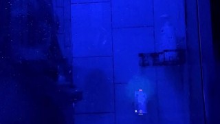 Shower Cum in Blue LED room