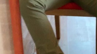 Quick jerk-off in my jeans. I cum on myself in front of open windows.