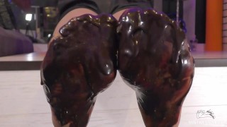 Mistress Legs with dirty chocolate nylon soles closeup squeeze strawberry juice, foot fetish tease