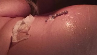 Wax on inflated belly, dildo and lots of cum