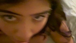 Eyeliner and Eyebrow Piercing Gf Gets Tongue Full of Cum!