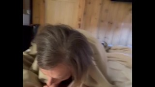 Sucking and gagging on husband’s friend’s cock while hubby showers