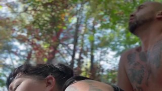 Riding the bull in the woods pounding pussy for double organisms