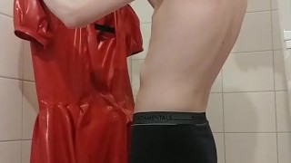 Shining and lubing red latex hooded swing dress and rubber stockings wetsuiterest