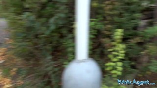 Public Agent - horny blonde in tights creams on thick cock and swallows cum outside!