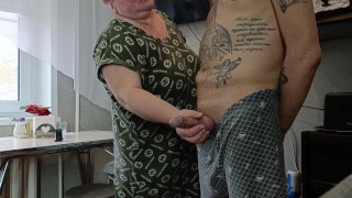 blowjob from mother-in-law, dick jerking and cum