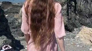 Petite princess teases on a public beach before sex