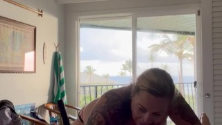 BBW step mom MILF sucking morning wood blowjob topless with tits out