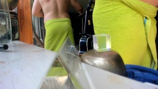 after shower putting towel on