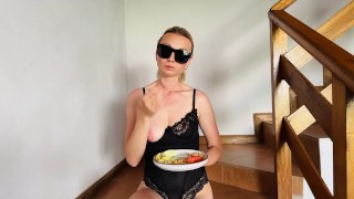 Yes, I'm a young MILF. I eat food seductively and show my breasts