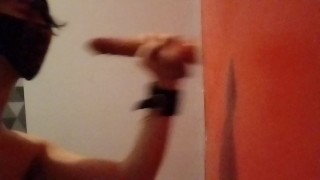 Handcuffed femboy suck a dildo with a chastity cage