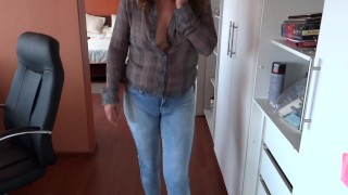Beautiful stepmom in jeans starts to get excited looking at my hard cock