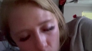 Slut gags and jacks cock till it fills her mouth