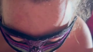 Morning surprise, mask for Halloween, submissive wife drains balls with cock down her throat