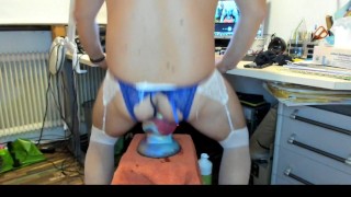 Crossdresser in Stockings stretches his analpussy with huge toys