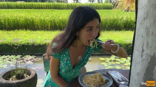 Cumwalk in Public Cafe Eating Pasta Carbonara with Sperm on Face