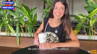 Blowjob in a Public Toilet Starbucks and Cumwalk - She drinks coffee with cum on face among people