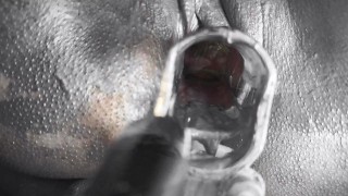 Covering myself in silver paint and playing with pussy and speculum
