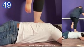 100 stomps and jumps from sisters on human rug