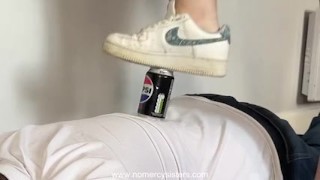 Sisters crushing cans on our human doormat