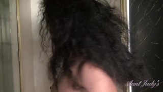 Aunt Judy's - Petite Hairy Amateur MILF Divine Shows Off Her Hairy Pussy in the Shower