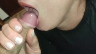Please Don't Tell Anyone! Hot Stepmom MILF Sloppy Blowjob with Cum in Mouth to Help his Stepson