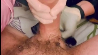 Latex handjob milking with prostate stimulation (vertical)