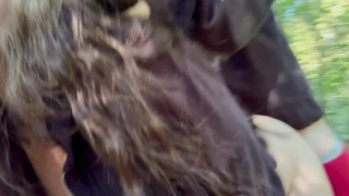 Sucking cock in the woods leads to a cream pie on a public trail! Watch the cum drip out of my pussy