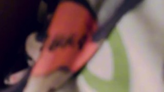 POV Big boobs domina in black shiny leggings gives a hot handjob with intense anal stimulation