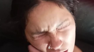 Tiny goth latina deepthroating on big dick, slapped on the face, gagging and drooling