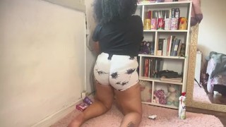 Chubby Girl Cleaning Shelves in Tight White Shorts