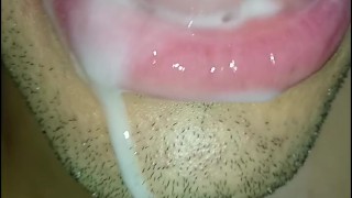 cum in my mouth, I play with your cum, and I swallow it, closeup, naughty gay, tongue, sloopy