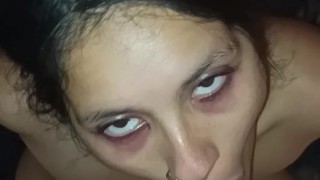 Slutty goth latina gets huge facial after deepthroating a big dick gets slapped on the face with cum