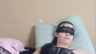 Crothless black lace lingerie smoking pussy play with lace blindfold