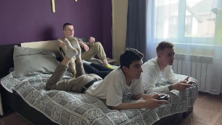 Group sex - stepson brought his friends to play console, and at that moment he and his stepfather fu