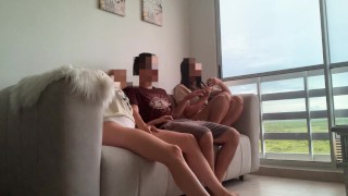 I'm watching a movie with my stepsister and her friend and they both end up riding my cock like slut