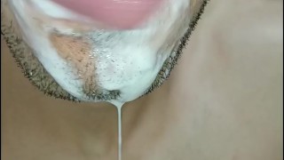cum in my mouth, I play with your cum, and I swallow it, closeup, naughty gay, tongue, sloopy