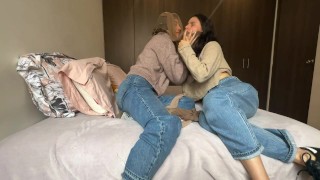 The neighbor shows me how to try the veiled stockings that I bought to wear with my husband