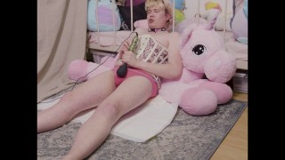 Sissy Bunny pees and cums in pink panties with corset