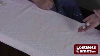 Spreading her legs after a strip Estonian roulette game