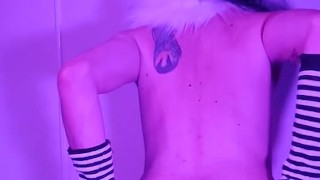 Femboy furry showing his tail and masturbating with a big toy inside for a huge cumshot