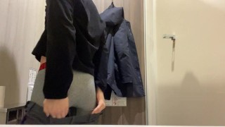 Horny boy can’t resist jerking off in his new underwear in shopping mall