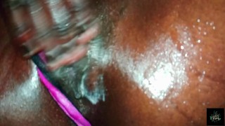 Stretching Tight Pink Pussy Close-up with Big Dildo. ASMR Masturbation of Babe with Big Ass.