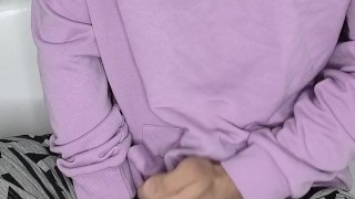 Got horny at the bathroom in my pink hoodie and shorts. Lot of cum.
